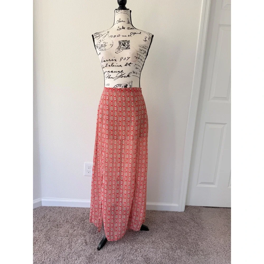 Skies Are Blue Red Boho Ikat Print Maxi‎ Skirt with High Slit Small 50489